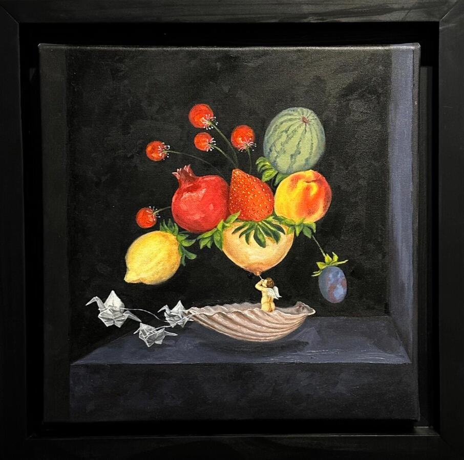 Vũ Duy Hoàng, Bầu sữa trái cây, 2024, sơn dầu, 40 x 40 x 3,5 cm.