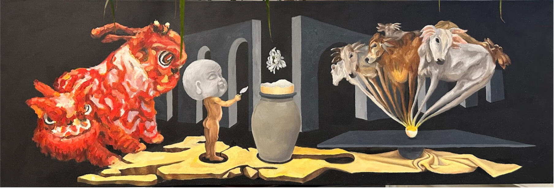 Vũ Duy Hoàng, Hồi ức, 2024, sơn dầu, 30 x 90 x 3,5 cm, Bộ Sưu tập cá nhân, Strasbourg.