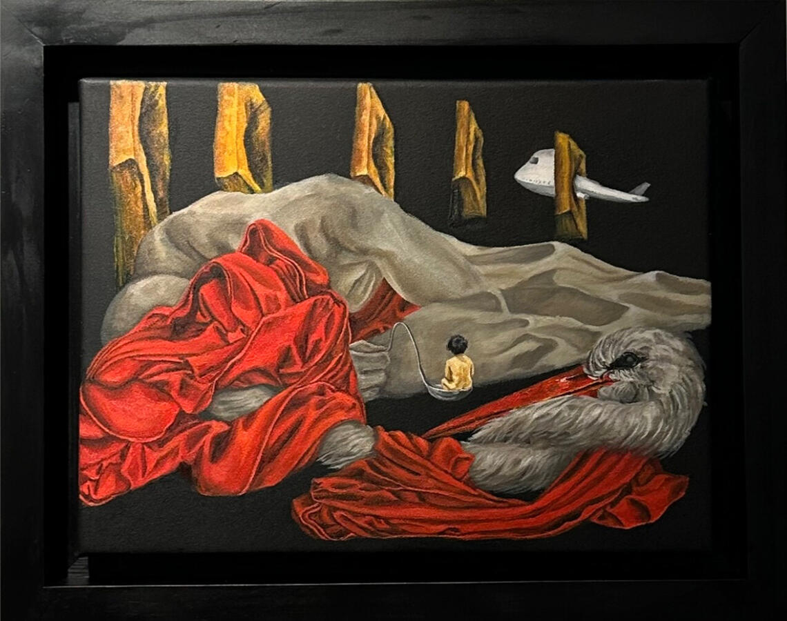 Vũ Duy Hoàng, Sự cường điệu hoá diễn đạt xúc cảm hay Không thể quên, 2024, sơn dầu, 30 x 40 x 3,5 cm, Bộ sưu tập cá nhân, Strasbourg.