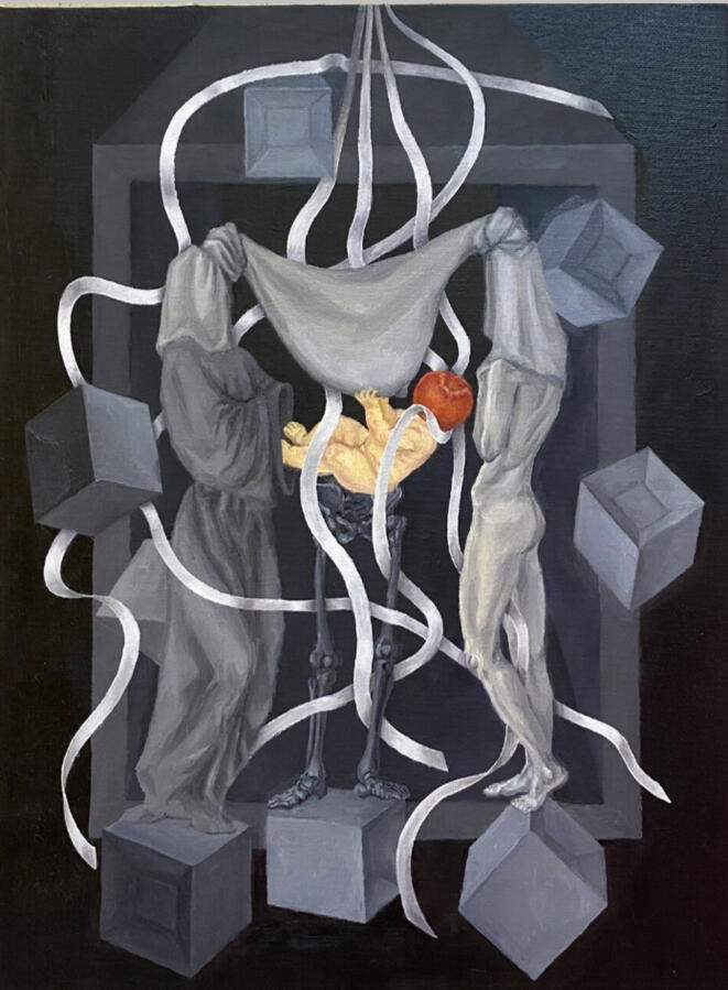 « Táo hồng phúc » (Les trois grâces), 2023, sơn dầu trên bìa bồi vải, 30 x 40 cm.