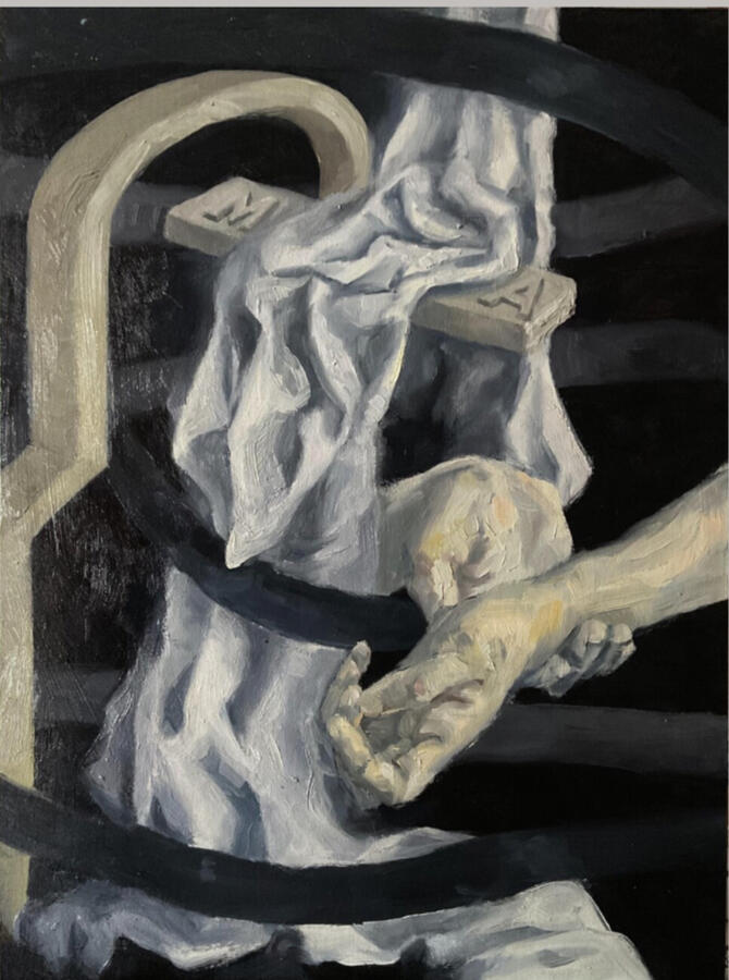 « Giấu sầu », 2022, sơn dầu trên bìa bồi vải, 30 x 40cm.