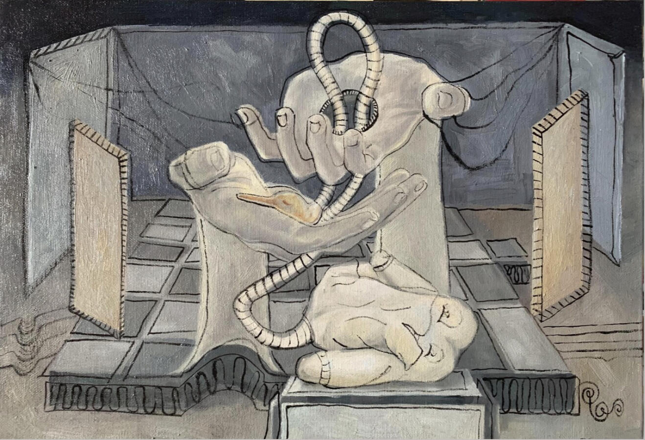 « Cái mệt nửa đời », 2021, sơn dầu trên bìa bồi vải, 24 x 35 cm.