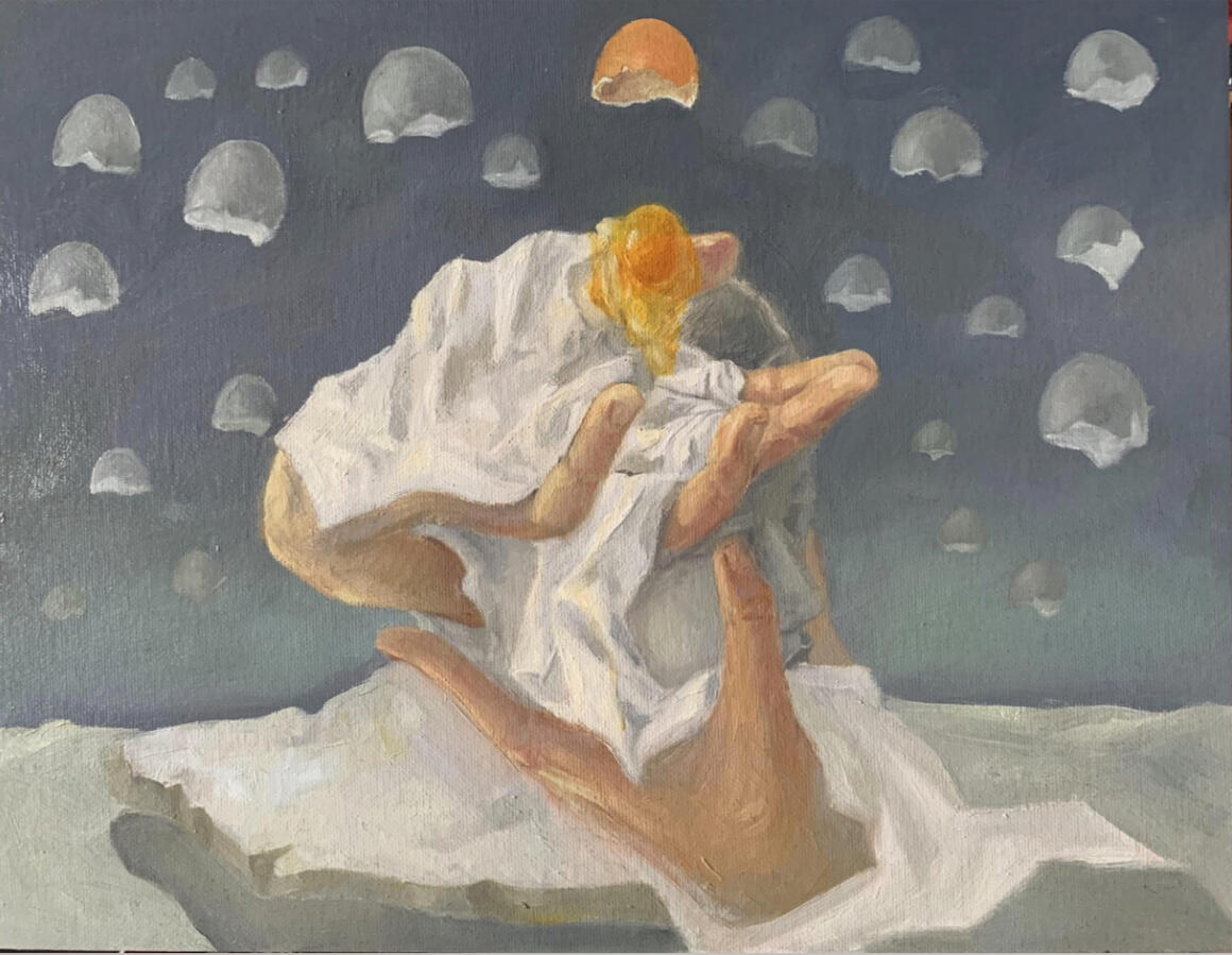 « Sự biên mất của nửa vỏ trứng », 2021, sơn dầu trên bìa bồi vải, 27 x 35 cm, Bộ Sưu tập cá nhân, Việt Nam.