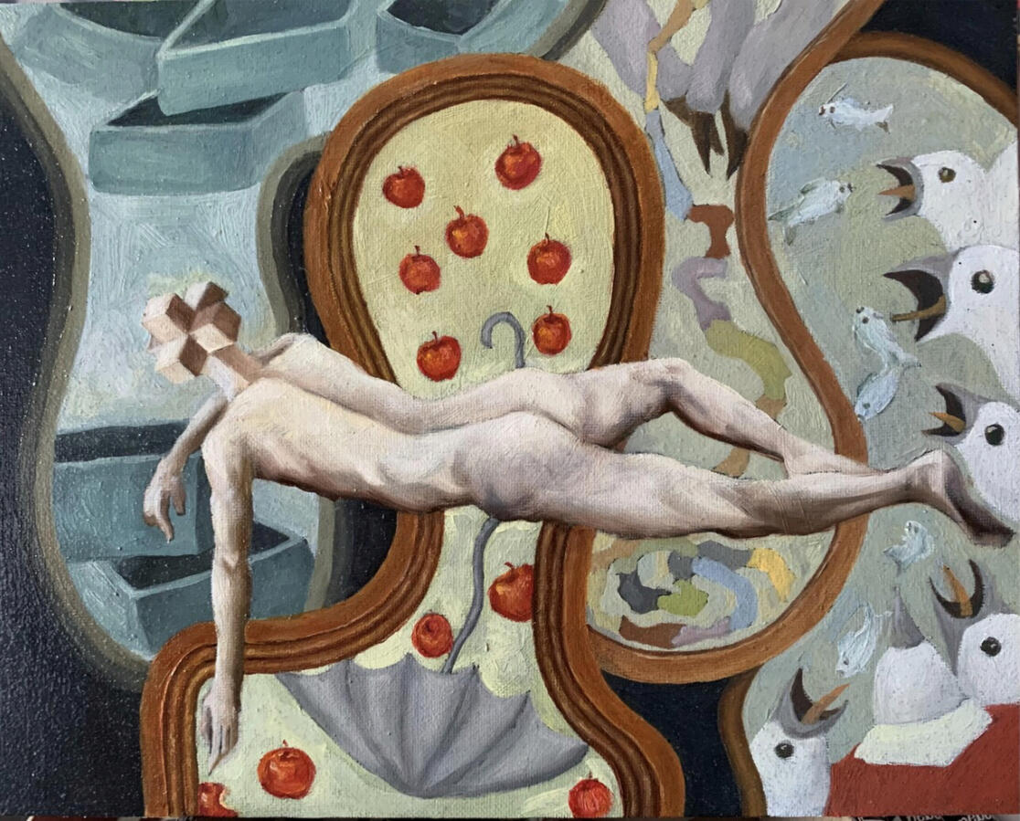 « Tìm kiếm siêu thực », 2021, sơn dầu trên bìa bồi vải, 24 x 30 cm.