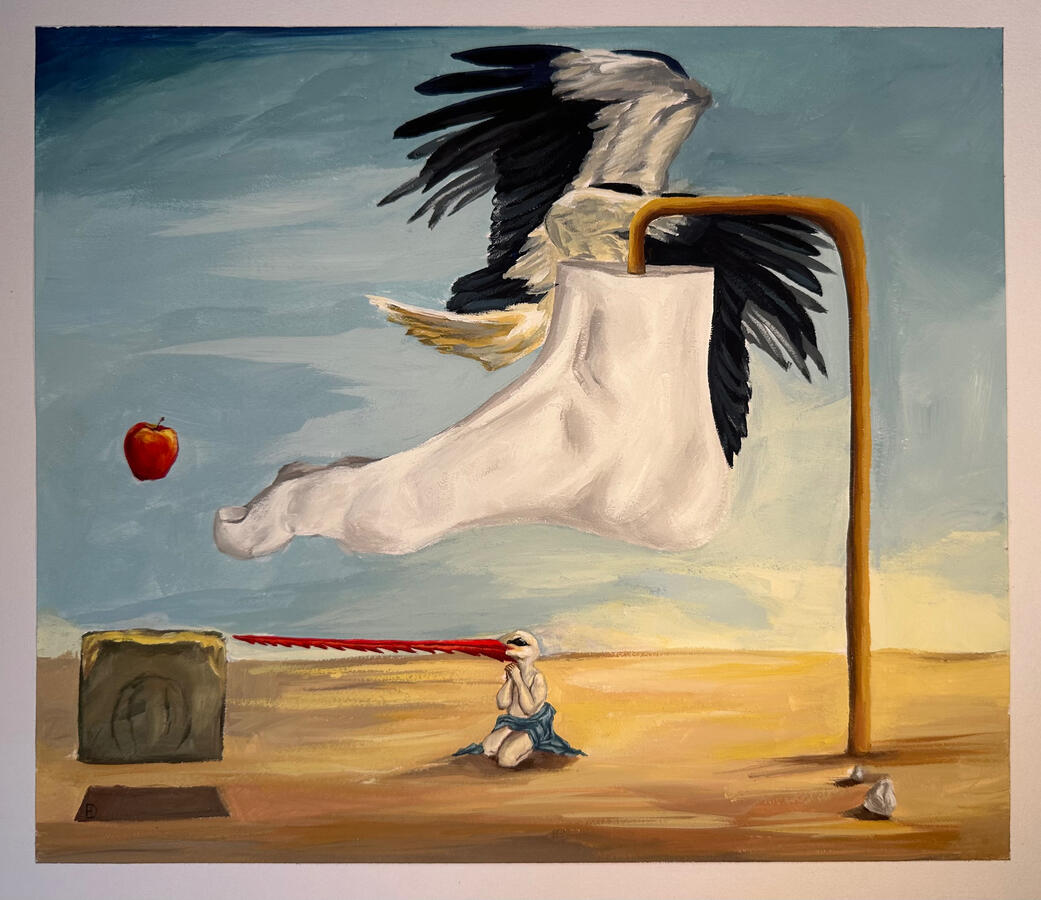 Chân cò, 2026, gouache, 33 x 29 cm, Bộ sưu tập cá nhân, Strasbourg, Pháp.