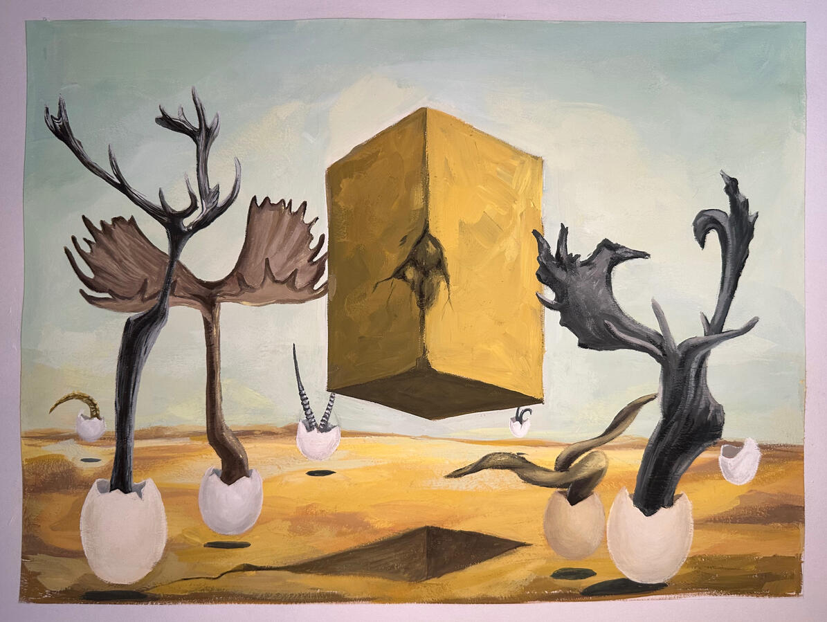 Sự biến hình của cuộc săn), 2026, gouache, 38 x 28 cm, Bộ sưu tập cá nhân, Strasbourg.